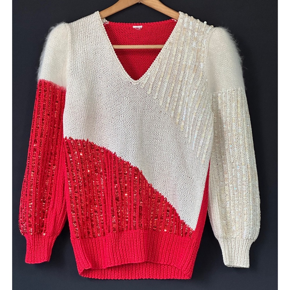 Magnolia 80's Sequin Mohair Vintage Sweater Womens Medium Red Cream
